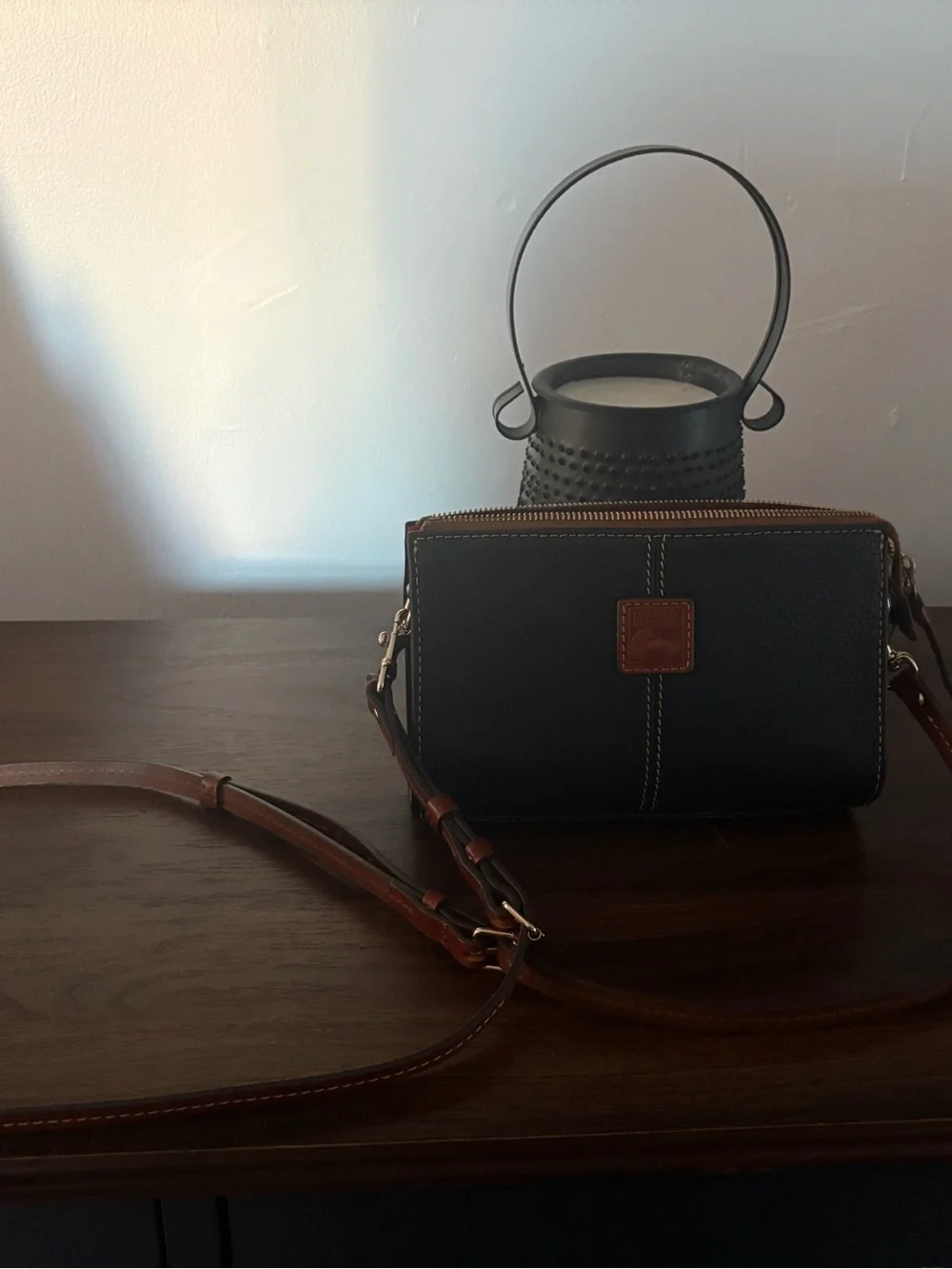 Dooney & Bourke Black Leather Crossbody with Brown Trim